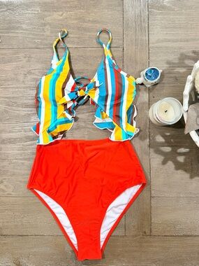 One Piece Striped Ruffle Top & Red High-Waist Bottoms